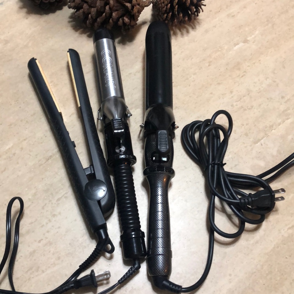 Flat iron and two hair curlers